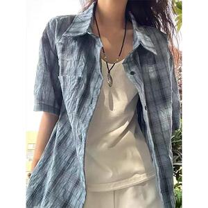 轻薄透气格子短袖衬衫女夏天新款宽松百搭防晒衬衣513DX1465P30图片