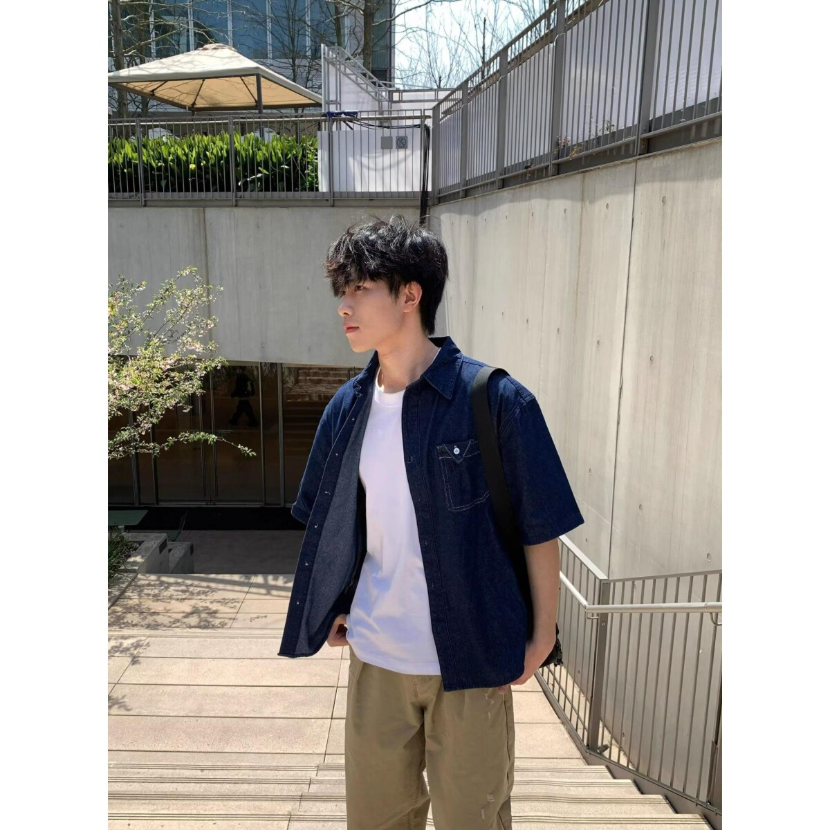 复古翻领盘扣短袖牛仔衬衫男女中性水洗做旧五分袖513DX1427P37,男装衬衫,星座513