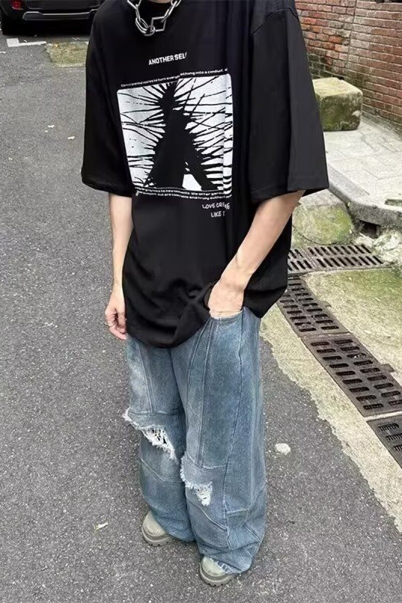 阔腿牛仔裤男女高街宽松阔腿微喇裤街头嘻哈痞帅513CK1149P50,男装牛仔裤,星座513