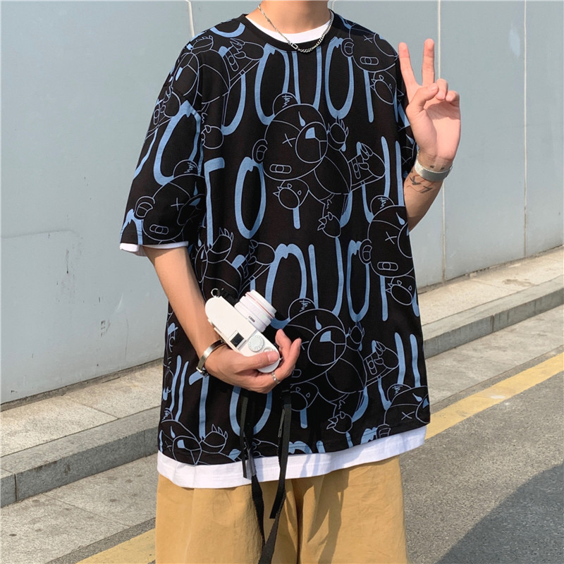 2022年夏季新款情侣上衣涂鸦印花宽松短袖T恤男潮牌711T10P30,男装T恤,星座513