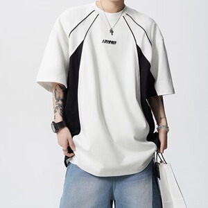 美式拼接短袖t恤男女夏撞色字母上衣宽松圆领半袖体恤513DX964P32图片