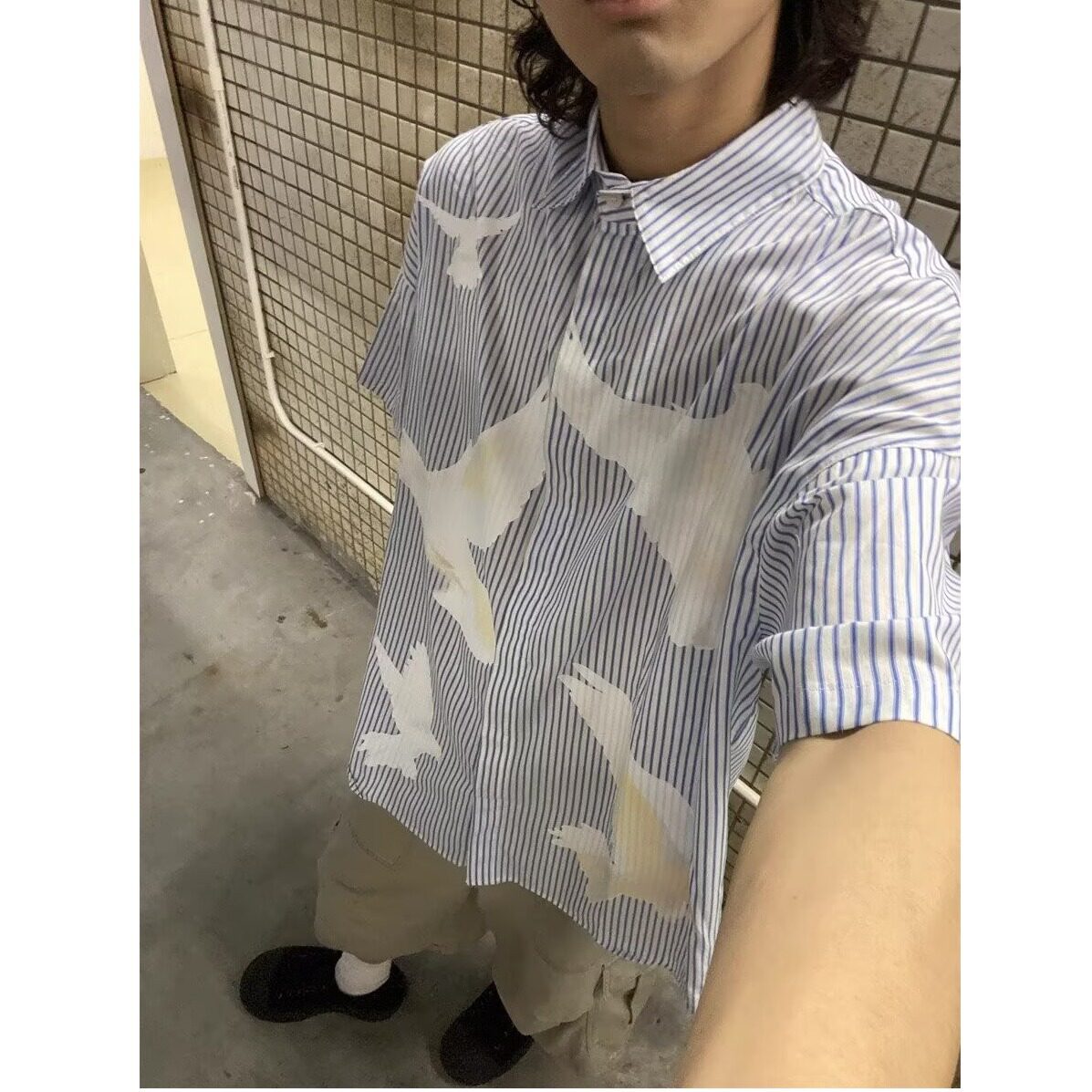 时尚气质慵懒潮流日系百搭原宿新款鸽子短袖条纹衬衫513DX113P37图片