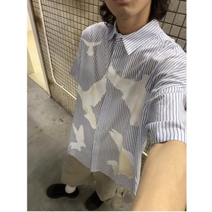 时尚气质慵懒潮流日系百搭原宿新款鸽子短袖条纹衬衫513DX113P37图片