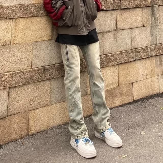 美式高街风水洗做旧黄泥染排扣牛仔裤潮直筒拉链长裤513CK157P45,男装牛仔裤,星座513