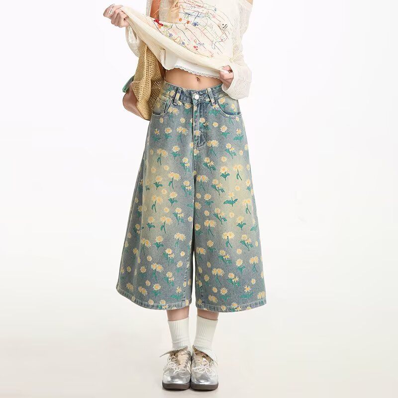 满印小雏菊印花牛仔七分裤女水洗做旧短裤513DK1213P45，女装牛仔裤，星座513