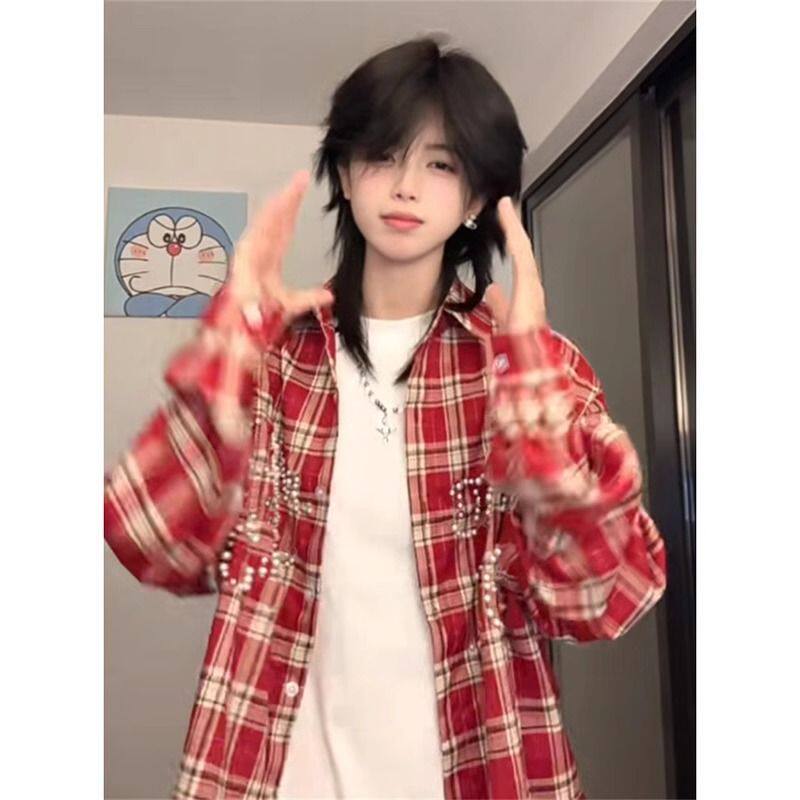 美式复古珍珠字母格纹衬衫长袖休闲男女同款外套衬衣513CS1617P47,女装衬衫,星座513