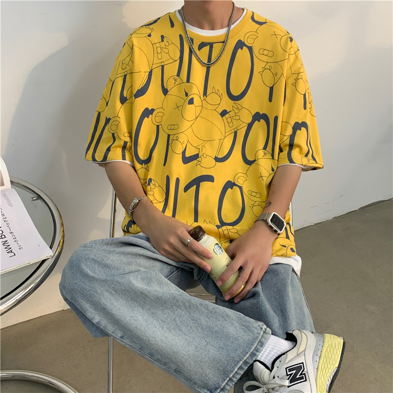夏季潮流时尚百搭小熊满印花宽松情侣圆领短袖T恤男711T10P30,男装T恤,星座513