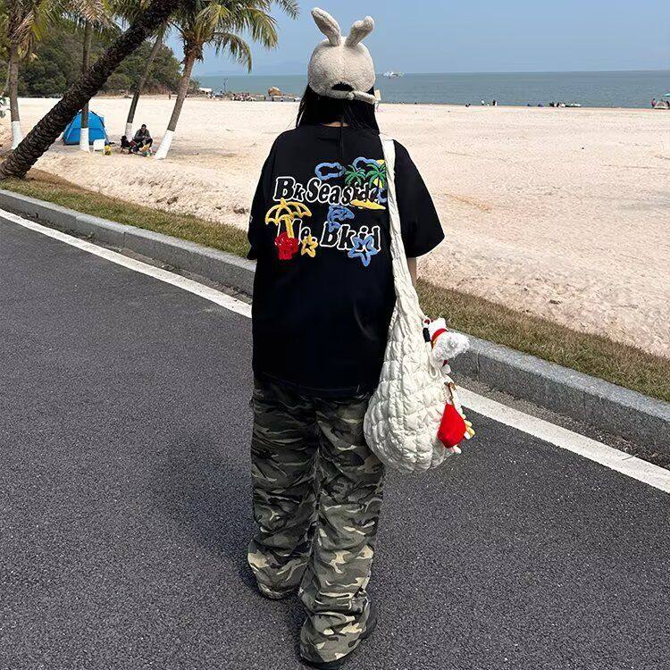 美式复古椰树字母刺绣短袖t恤男女夏季宽松情侣上衣513DX358P32，商品下架区商品下架区，星座513