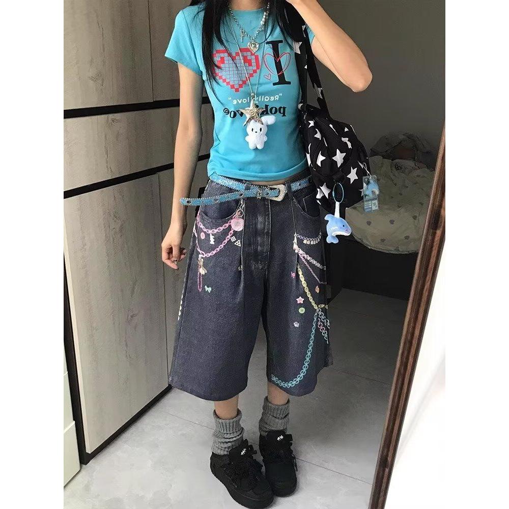 彩色链条垂坠感牛仔裤女夏季新款高街宽松七分短裤513DK437P50图片