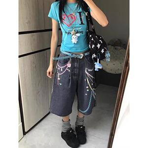 彩色链条垂坠感牛仔裤女夏季新款高街宽松七分短裤513DK437P50图片