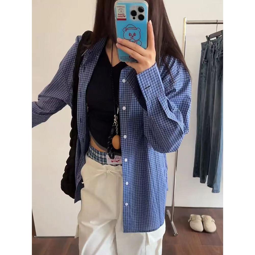 美式慵懒宽松蓝色格子衬衫男女同款长袖衬衣513CS1111P28,男装衬衫,星座513
