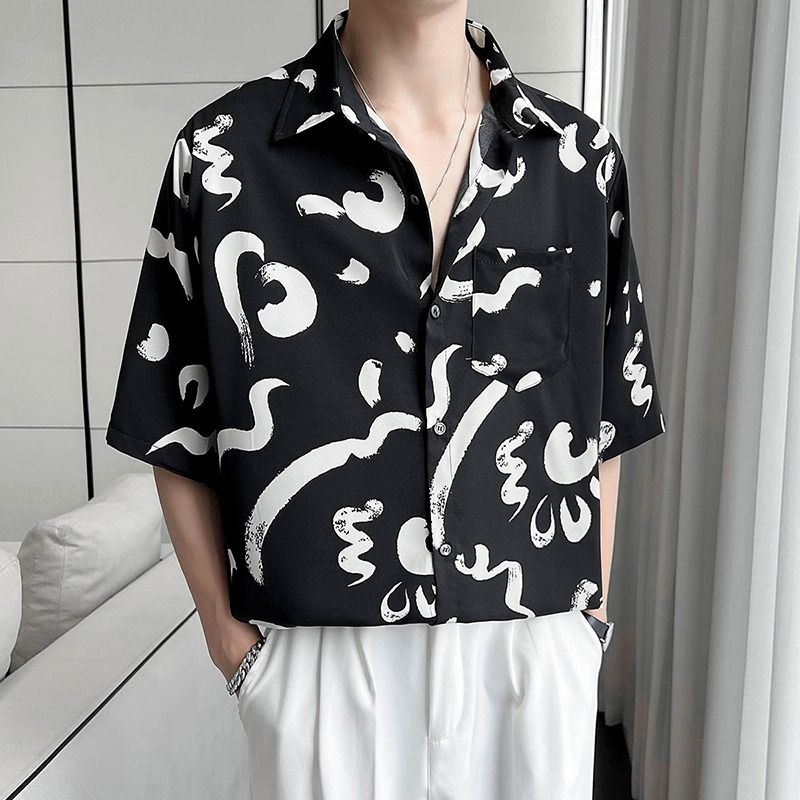 日系复古花衬衫短袖男夏季冰丝透气宽松短袖衬衫513DX1399P24,男装T恤,星座513