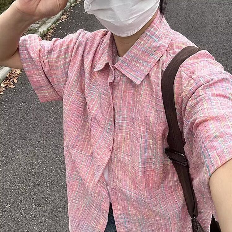 美式复古格纹短袖衬衫女夏宽松衬衣彩纱外套情侣上衣513DX1435P34,男装衬衫,星座513