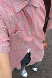 美式复古格纹短袖衬衫女夏宽松衬衣彩纱外套情侣上衣513DX1435P34，男装衬衫，星座513