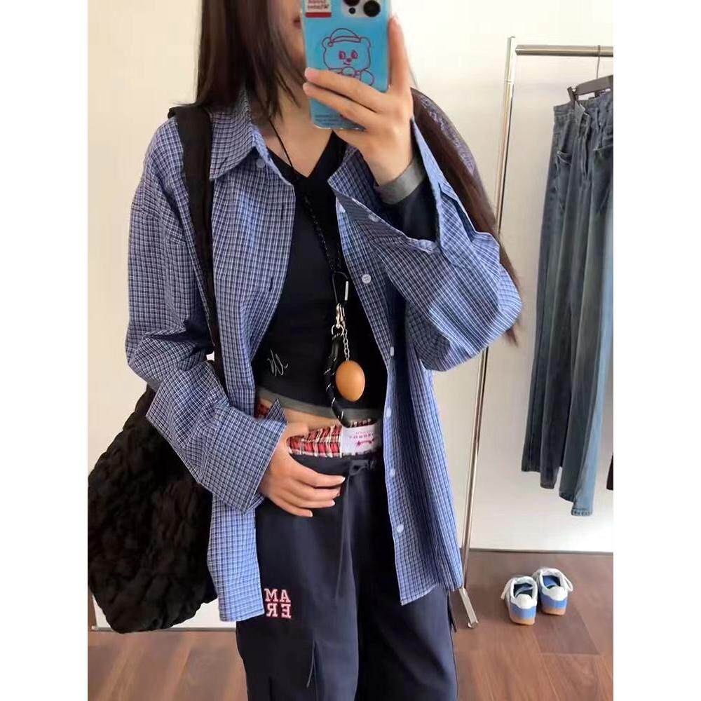 美式慵懒宽松蓝色格子衬衫男女同款长袖衬衣 513CS1111P28图片