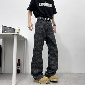 高街迷彩弯刀牛仔裤男女垂感美式新款宽松直筒阔腿裤513CK1505P39图片