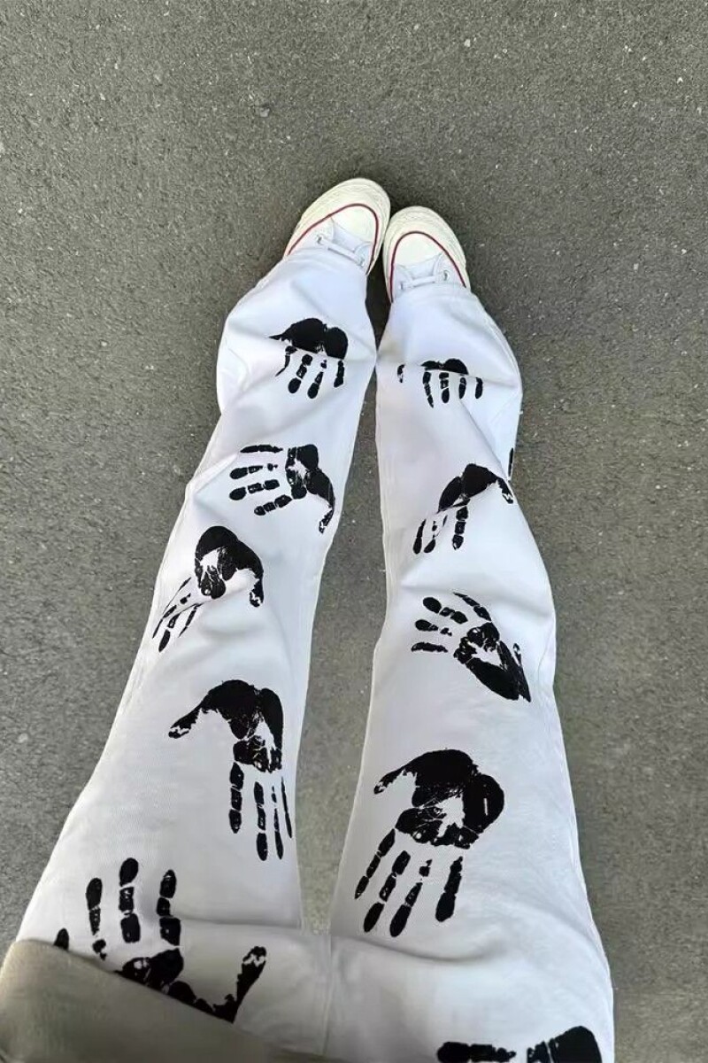 美式高街潮牌痞帅手掌印花白色男女潮牌炸街微喇长裤513CK1094P40,男装牛仔裤,星座513