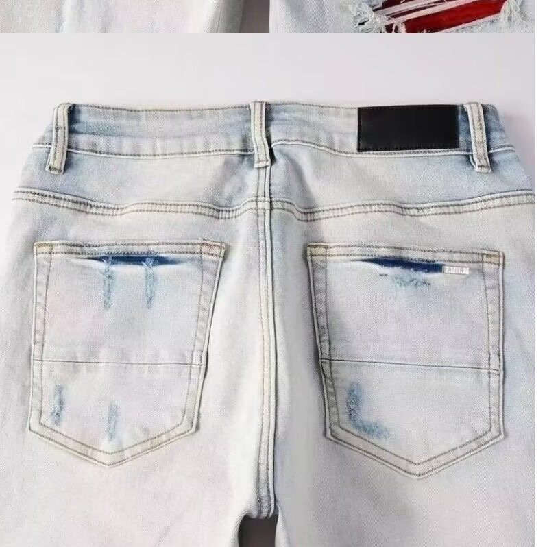 美式做旧水洗拼接高街修身直筒红色补丁小脚牛仔裤男513CK011P40,男装牛仔裤,星座513