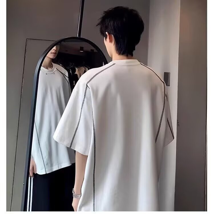 美式明线解构铆钉短袖女男夏宽松休闲百搭圆领T恤513DX138P27,男装T恤,星座513