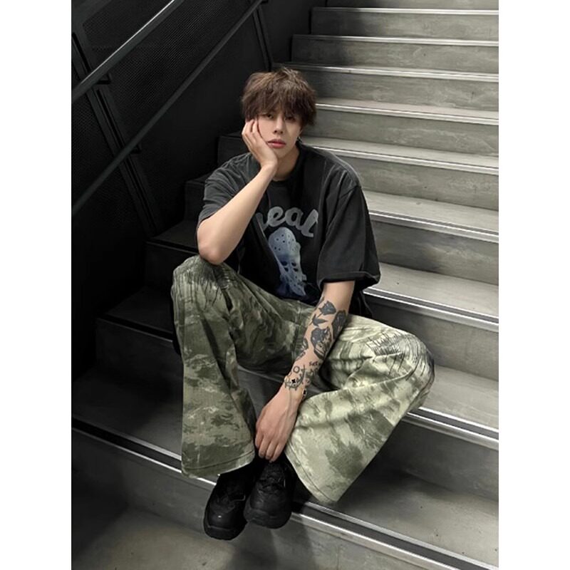 心电图刺绣迷彩工装裤男美式裤子高街设计感微喇裤513CK051P40,男装牛仔裤,星座513
