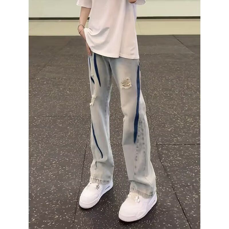 高街扎染破洞牛仔裤男夏季美式vibe嘻哈裤子薄款不贴腿弯刀微喇裤图片