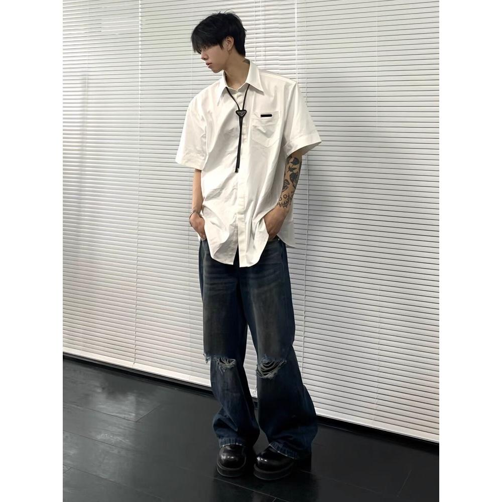 现货夏季高级感衬衫男短袖宽松上衣纯色休闲衬衣513DX1356P33,男装T恤,星座513