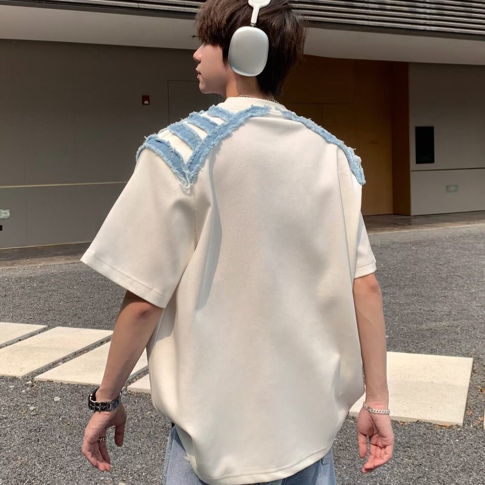 夏新牛仔拼接垫肩短袖t恤男潮牌痞帅圆领上衣513DX105P35,男装T恤,星座513