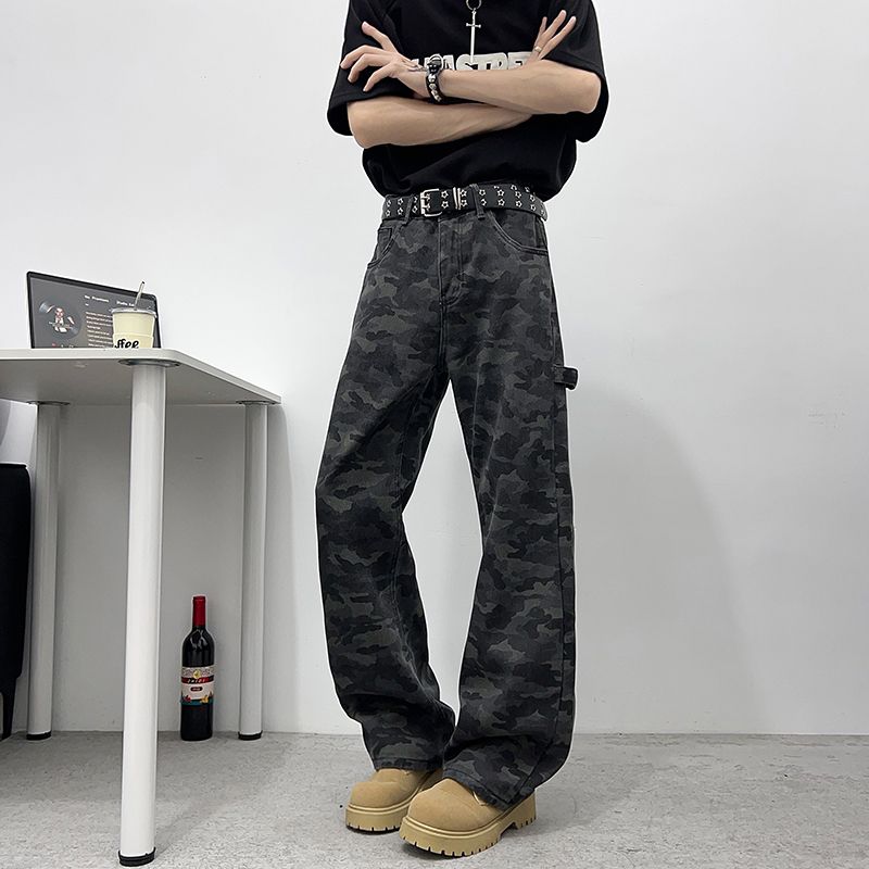 高街迷彩弯刀牛仔裤男女垂感美式新款宽松直筒阔腿裤513CK1505P39,男装牛仔裤,星座513