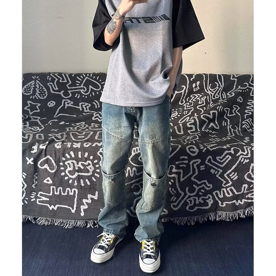 韩版新款宽松休闲复古做旧水洗磨白工装高腰牛仔裤513CK067P45,男装牛仔裤,星座513