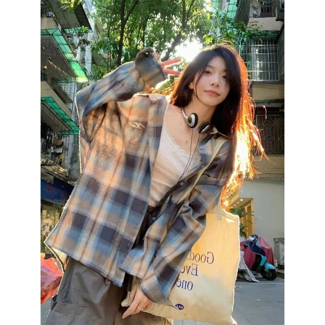 新款休闲宽松内搭叠穿衬衣慵懒复古长袖格子衬衫513CS1208P28,女装衬衫,星座513