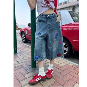 时尚慵懒美式复古可爱刺绣七分裤阔腿中裤新款潮流513DK1189P40图片
