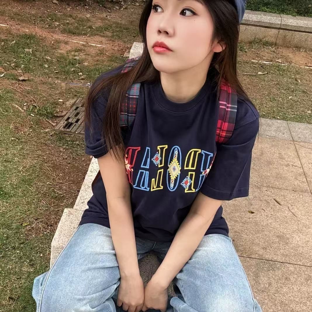 悟空有货美式复古民族风刺绣短袖T恤男小众潮牌宽松情侣体恤潮牌,女装T恤,星座513