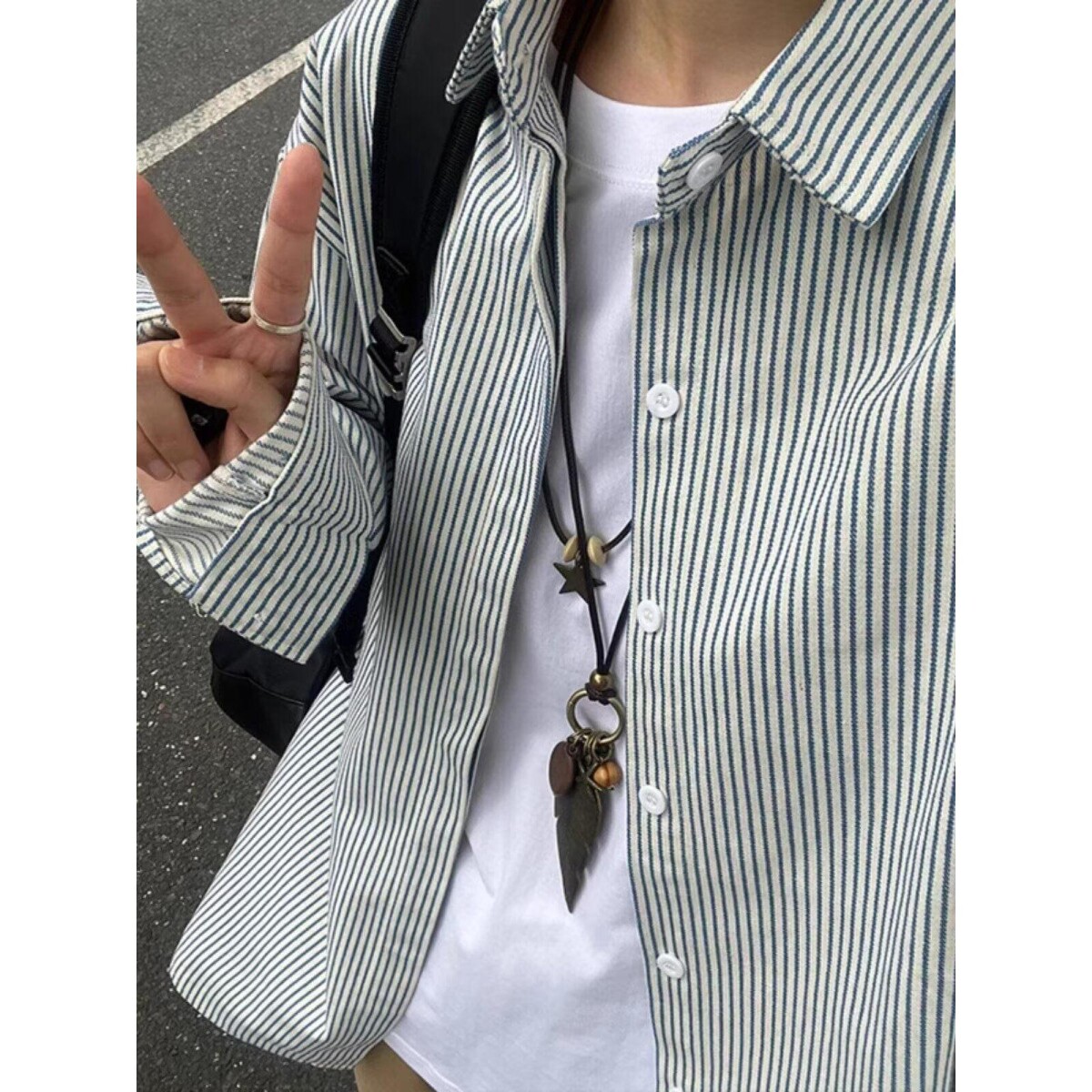 竖条纹衬衫外套男女美式长袖衬衣休闲情侣上衣513CS1507P35图片