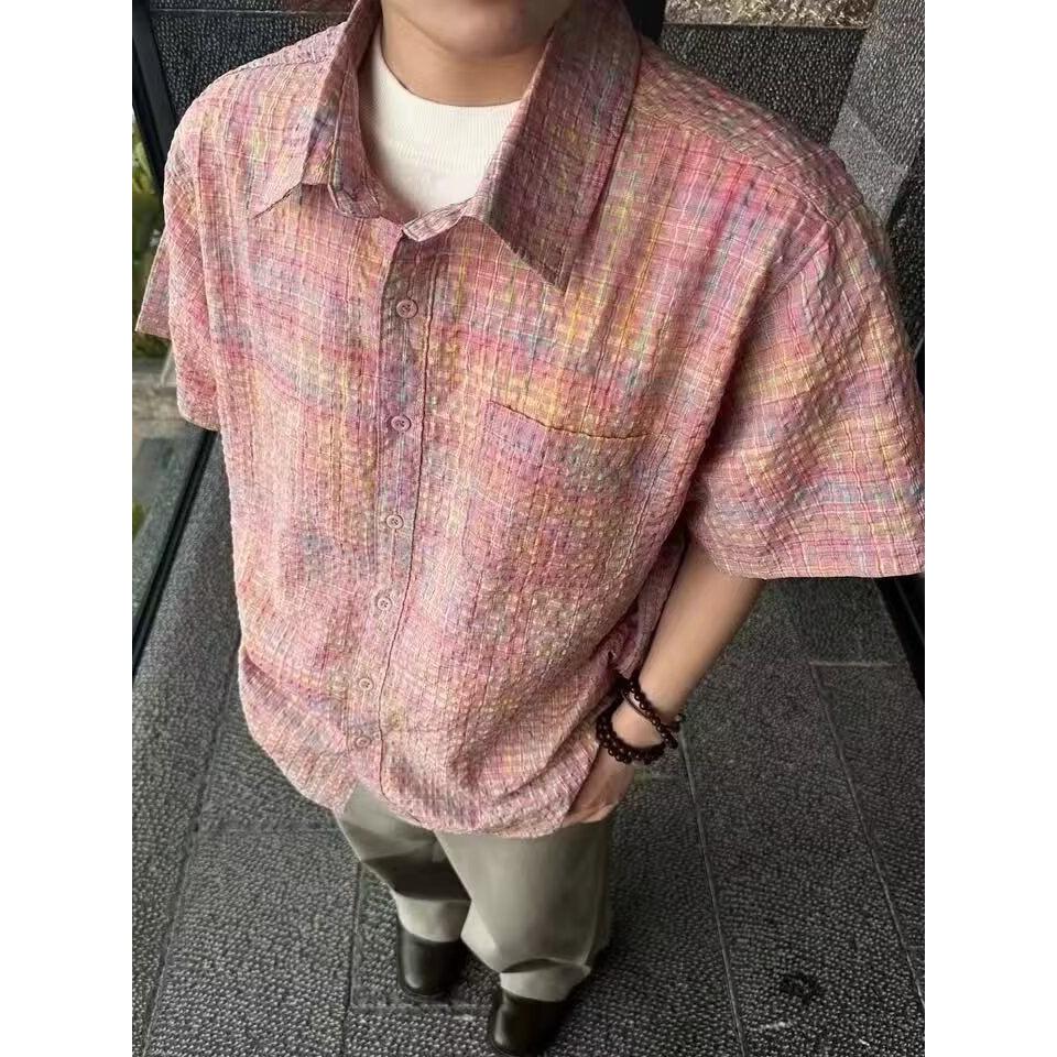 粉色织格纹泡泡纱交叉育克短袖衫衬衣外套513DX487P25图片
