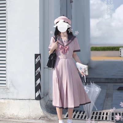 胡桃木原创制服盛夏服灰粉优雅校供感连衣裙水手服