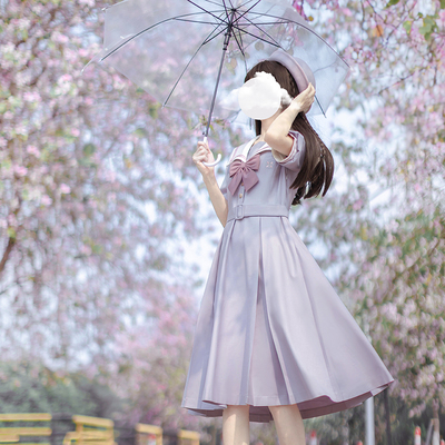 胡桃木连衣裙夏季温柔淡紫色少女