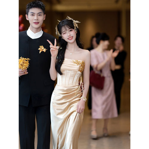 金色抹胸订婚礼服鱼尾裙2026新款