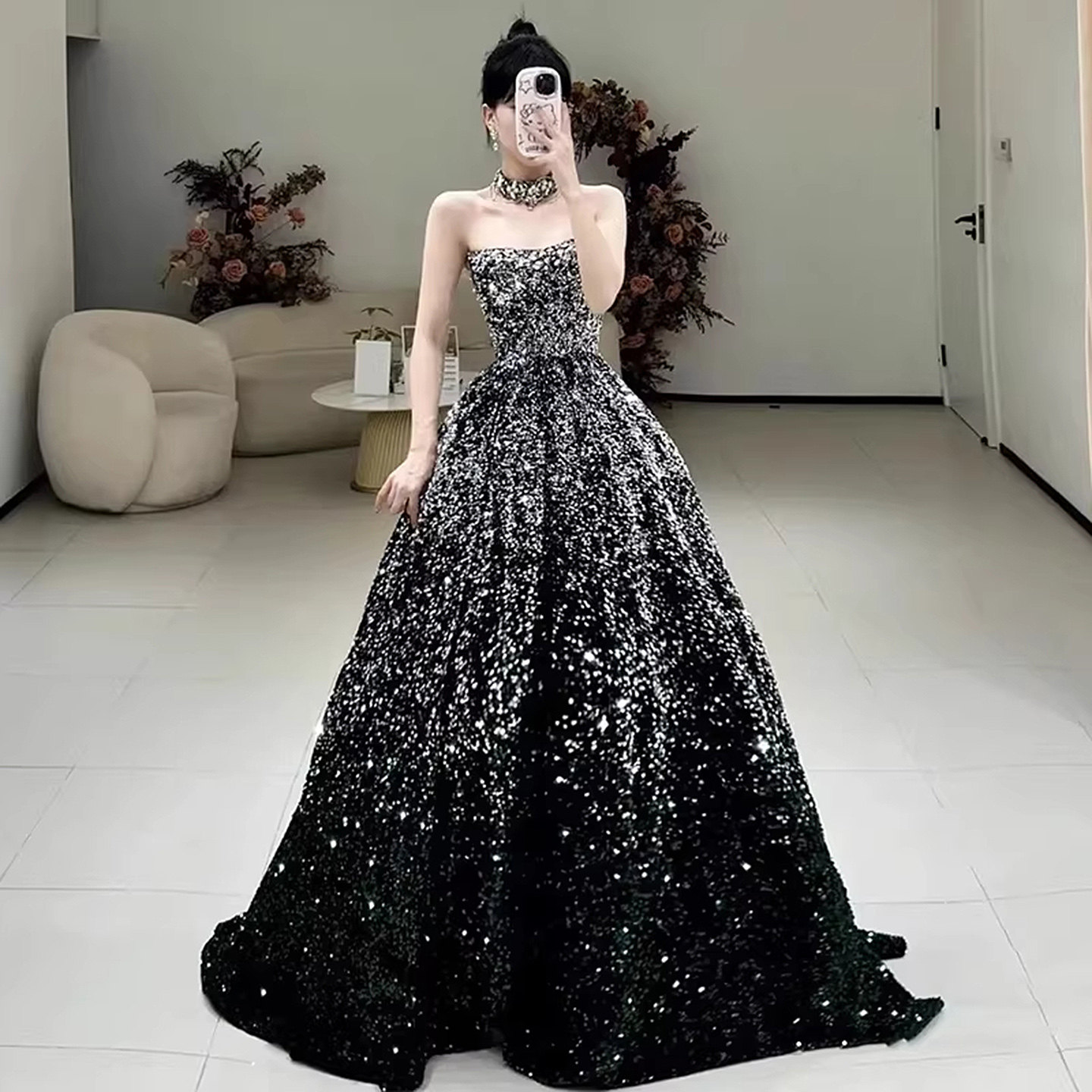 抹胸晚礼服女宴会气质亮片主持人图片