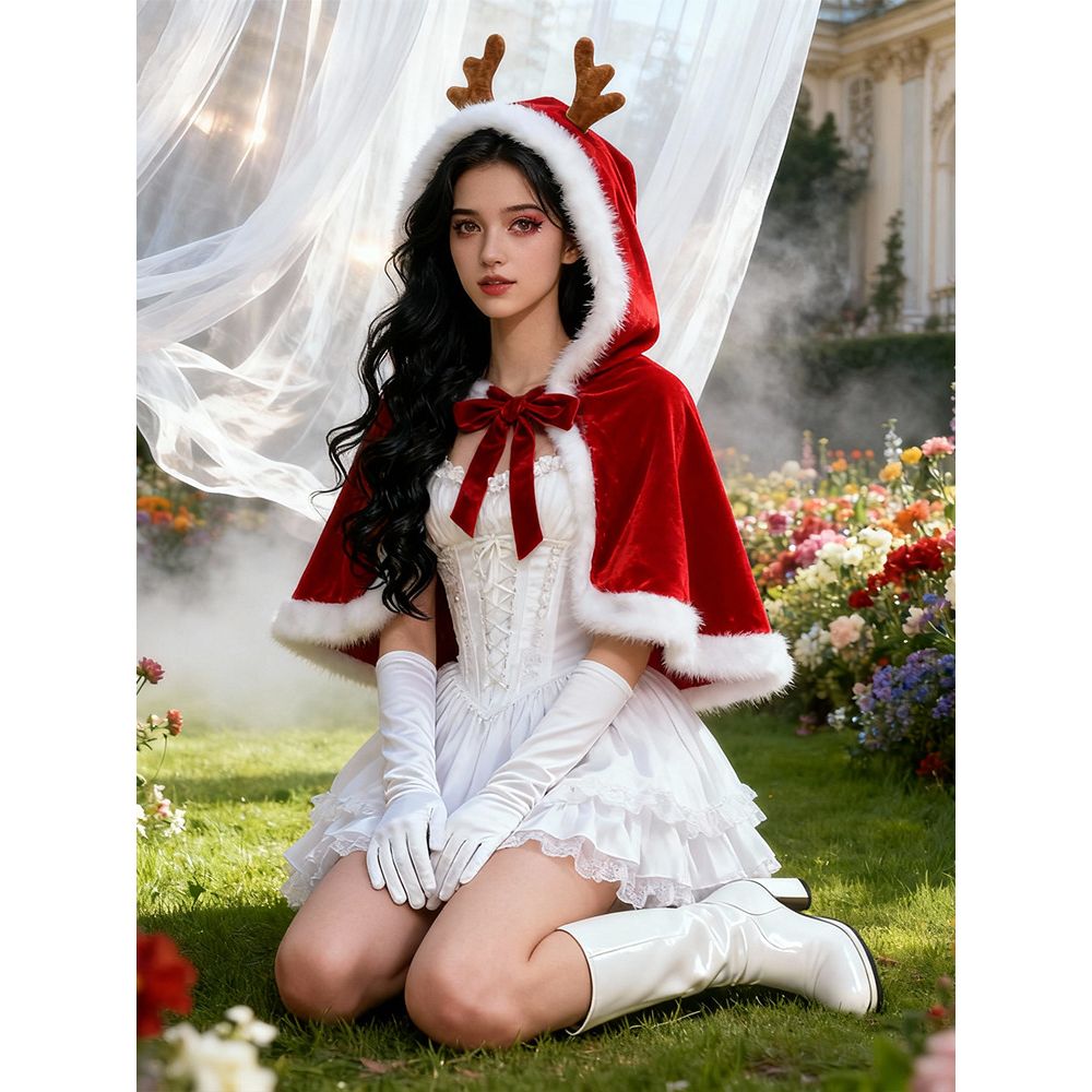 2025圣诞节鹿角披风连帽斗篷COS女装圣诞主题服装舞台装扮连衣裙