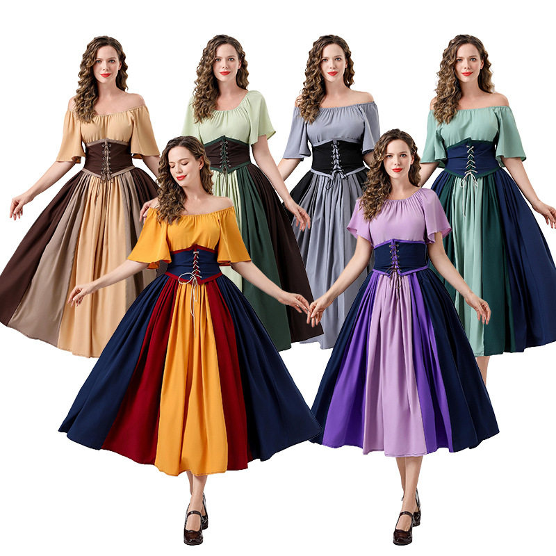 欧美复古连衣裙撞色拼接飞飞袖系