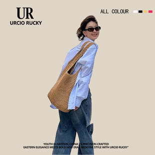 URCIO RUCKY品牌單肩大容量斜挎草包女夏海邊度假沙灘編織草編包