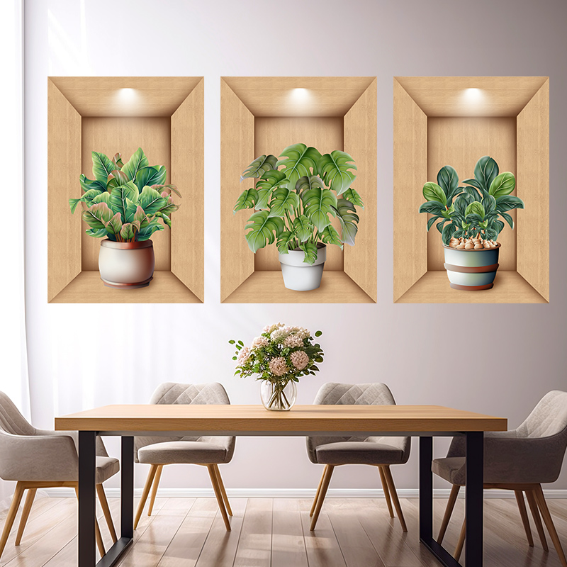 3D立体墙贴画仿真植物盆栽贴画客厅餐厅沙发背景墙面壁纸自粘装饰图片