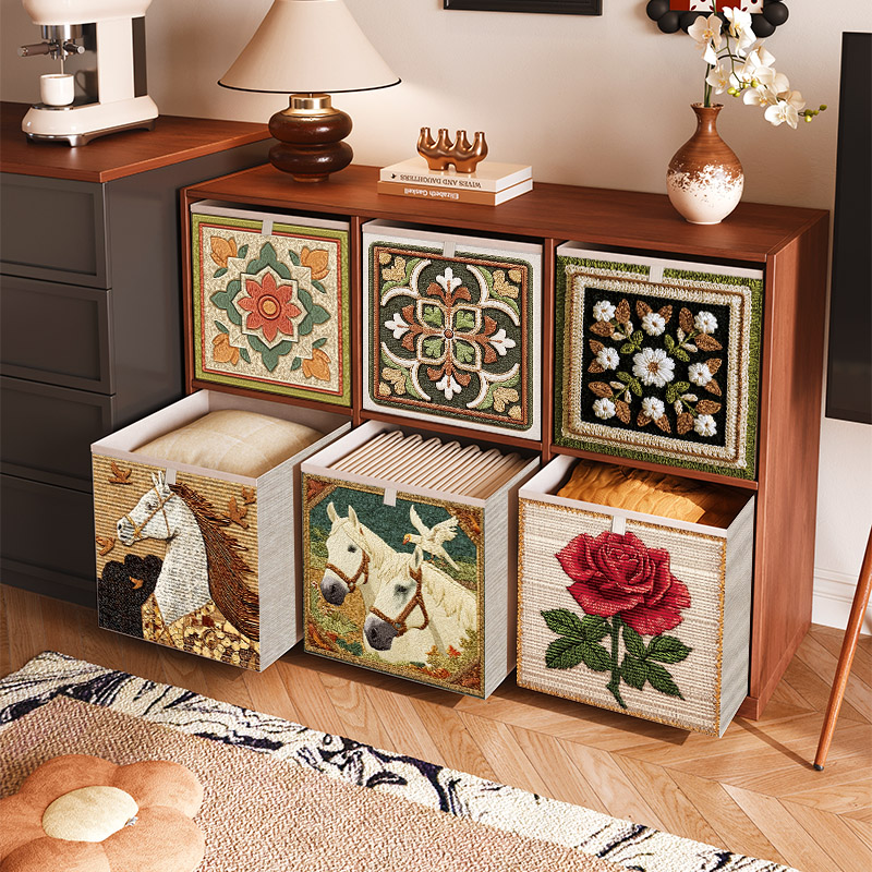 中古风家用衣物整理折叠收纳盒大容量复古卡莱克格子柜布艺收纳筐