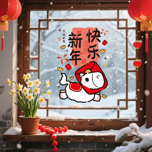 2026年马年新年快乐玻璃门贴纸静电窗贴生肖窗花贴马上有钱装饰品