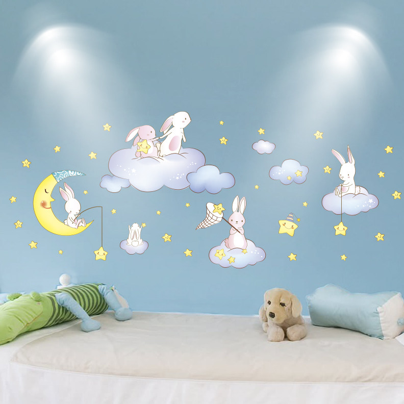 儿童房墙贴纸贴画宝宝房间背景墙创意卧室墙壁装饰兔子月亮海报纸