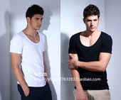 低领打底衫 夏季 大圆领短袖 男士 男大领口紧身半袖 修身 T恤 体恤 时尚