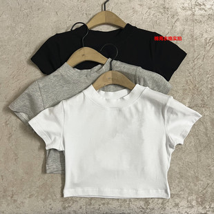 超短款半截短袖T恤女夏季紧身舞蹈服纯色棉中领高腰露脐辣妹上衣