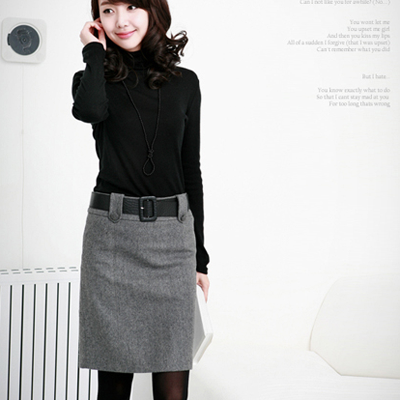 羊毛呢职业一步工作黑灰半身裙