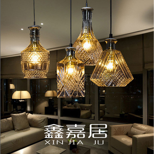北欧创意吧台特色个性led餐咖啡厅艺术单头覆古刻花玻璃酒瓶吊灯