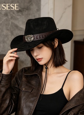 咖棕麂皮西部牛仔帽女牛头金属扣交叉编织皮带高顶宽檐旅拍骑士帽
